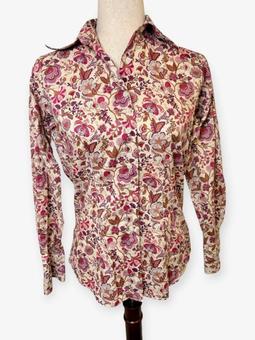 Vintage English Country Classics Cream Purple Floral Cotton Shirt Size 10